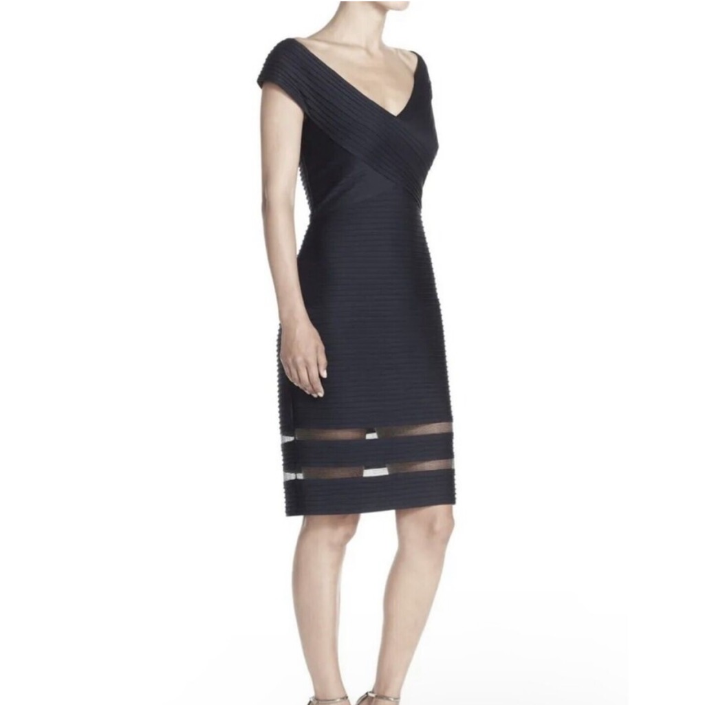 Tadashi Shoji Amaya V-Neck Sheer Stripe Banded Dress In Black Small